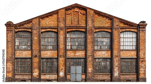 Isolated old brick factory exterior with windows for background image with cutout