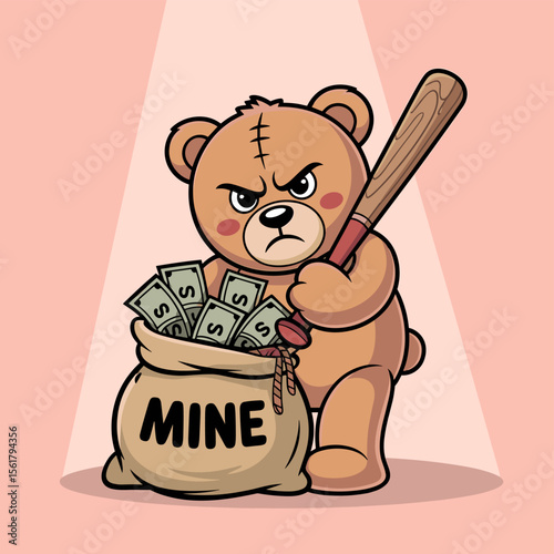 Angry teddy bear guarding money bag with baseball bat illustration concept