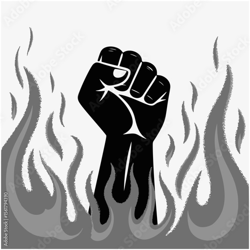 Fist raised in defiance, emerging from flames of revolution.