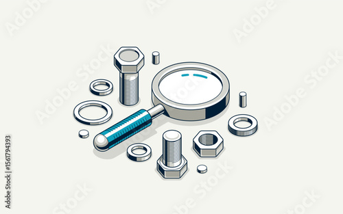 Mechanical engineering research and solution concept, gears with magnifier 3D isometric vector design icon or logo, magnifying glass with cogs software development.