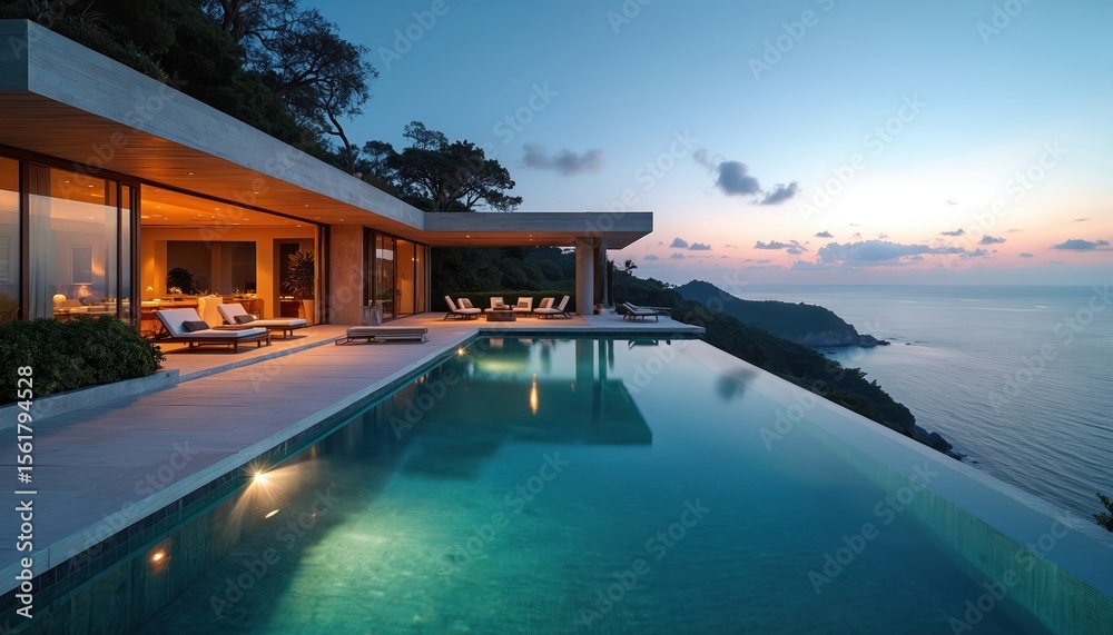Fototapeta premium Luxury oceanfront estate villa with infinity pool. Modern architecture luxury home at sunset. Coastal resort paradise vacation. Evening dusk view with blue calm ocean. Tropical holiday vibes.