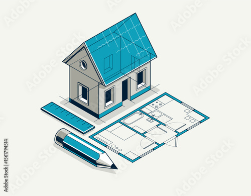House project concept, 3D isometric vector illustration of a small house and blueprint building project, construction architectural model, residential family small house.