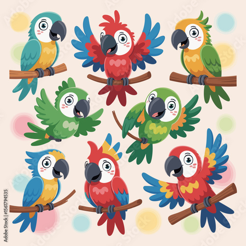 Cartoon parrots illustration, cute colorful birds perched on branches, playful, fun tropical wildlife