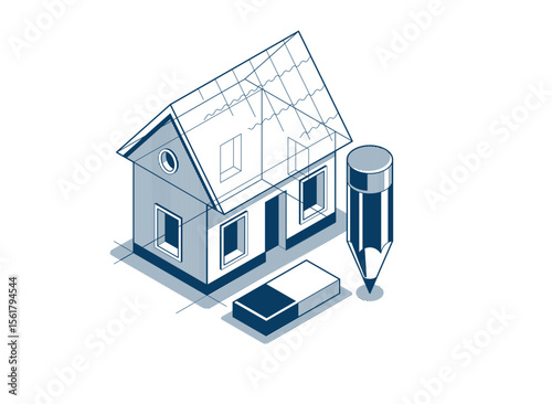 Cottage house for rest project concept, 3D isometric vector illustration of a small house building project, countryside small house cabin in village or nature.