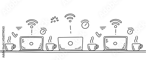 Remote work sketch: Laptops, coffee, wifi, work from home doodles vector
