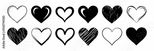 Black and white heart doodles design elements for love and romance
