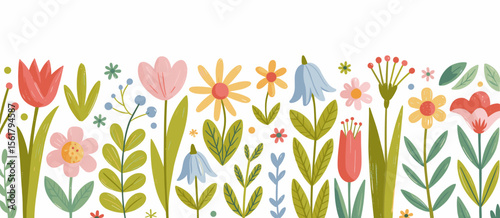 Floral pattern with flowers, leaves, decorative element, spring, nature, design, botanical, garden, meadow, colorful