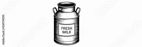 Fresh milk can container drawing, vintage style dairy illustration, milk container vector graphic