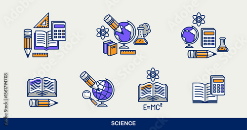 Science and education vector icons set, physics and chemistry, mathematics and geography, research and experiments.