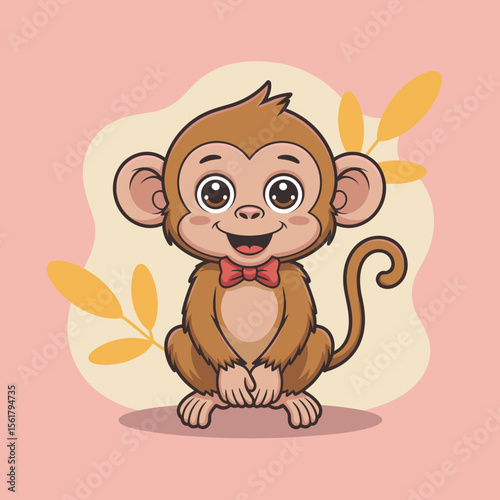 Cute cartoon monkey character with bow tie sitting and smiling cheerfully