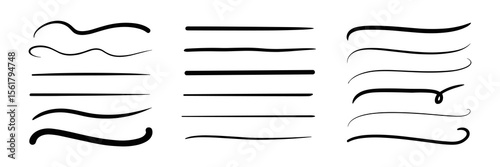 Set of hand drawn lines for underlining and highlighting text, black brush strokes