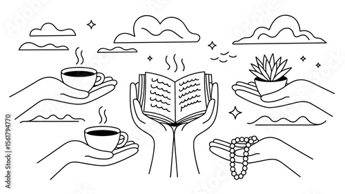 Hands holding book, coffee, succulent, prayer beads in outline illustration concept