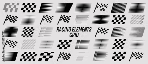 Racing elements grid: checkered flags, speed lines, motion graphic elements background.