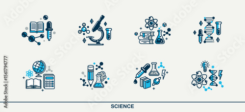 Science vector detailed icons set, physics and chemistry bundle, mathematics and geography study education.
