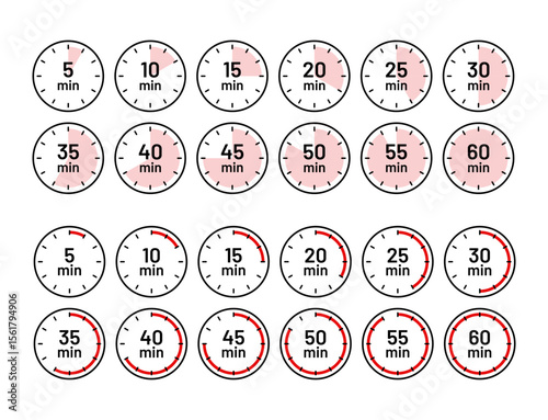 Countdown timer in circle shape. Stopwatches icons. Cooking indicators in flat design. Set of clocks with different minutes. Timer symbols. Chronometer deadline. Vector illustration.