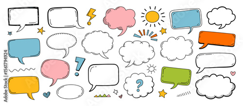 Set of hand drawn speech bubbles, dialogue balloon elements, and communication symbols