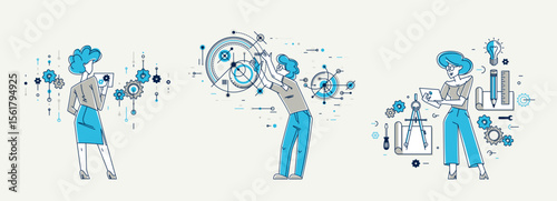 Mechanic engineer working on a draft plan vector illustration set, inventor or repair job, engineering machine industry, system technician.
