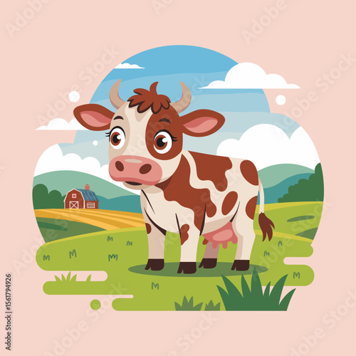 Cartoon cow in pasture with barn. Animal, livestock, farm, countryside, cute, illustration.