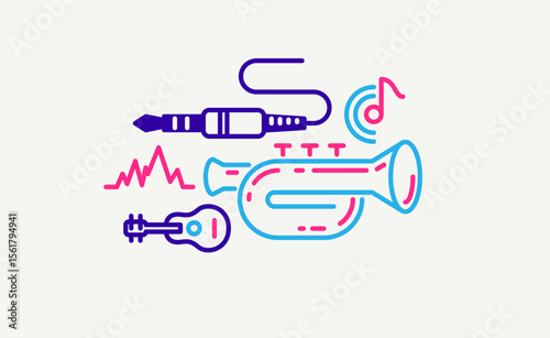 Music and recording studio vector detailed icon, sound producing and audio engineering bundle, playing instruments.