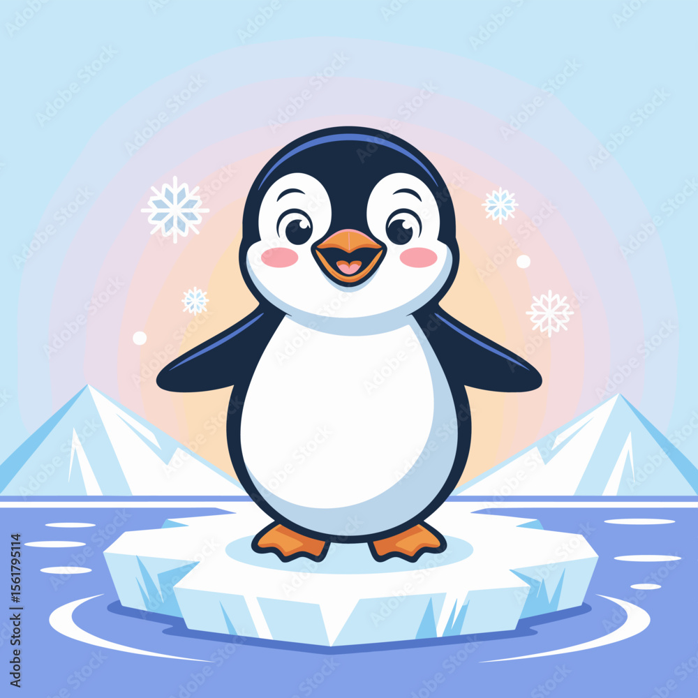 Obraz premium Cute cartoon penguin character standing on iceberg in winter scene
