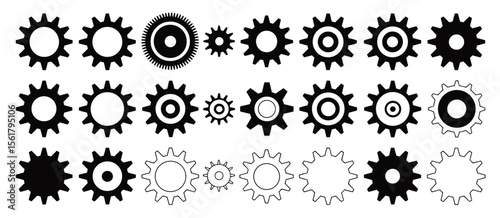 Gears set, cogwheel collection, machine parts, engineering, mechanism, industry, design elements, technology, black and white, components