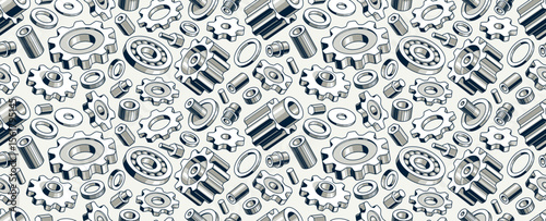 Gears and cogs seamless background, vector mechanical engineering endless wallpaper, fix and repair theme tiling pattern, elements can be used separately.