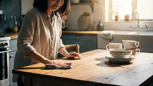 Woman Cleaning Wooden Table in Bright Kitchen, Preparing for Mealtime