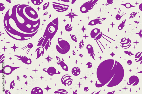 Exploring space seamless background, vector cartoon rockets flying among planets and stars endless wallpaper, astronomy school education for children tiling pattern.