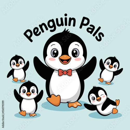 Penguin Pals: Cartoon penguins friends group on light blue background, cartoon illustration