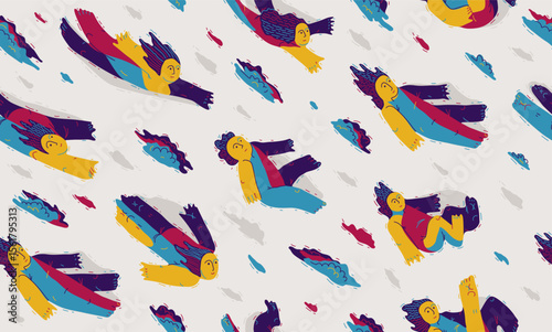 Levitating people seamless background, concept of freedom and imagination, peaceful and tranquil theme tiling wallpaper, dreamers floating among the clouds.