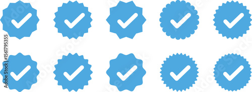 Verified Badge Icon Set – Blue Check Marks and Zigzag Style Right Symbols for Social Media Account Verification.