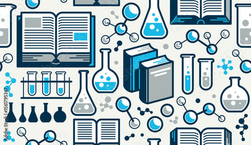 Chemistry education seamless background, chemical laboratory endless pattern with molecules and flasks, repeat wallpaper of science and study theme.