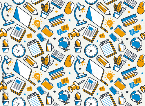 Office or remote work seamless background, PC and papers job workplace desk vector endless wallpaper, all elements easy to use separately as an icons or illustrations.