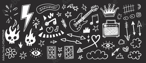 Hand drawn doodle set with lightning, guitar, skull, stars and arrows on black background.