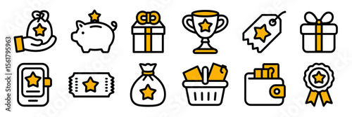 Rewards icons set with gift, bag, piggy bank, cup, tag, ribbon and ticket
