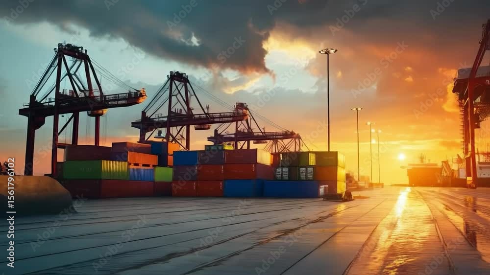 Port with trucks and containers against sunset background, showing active activity and industrial power. Suitable for presentations of logistics companies and industrial enterprises.
