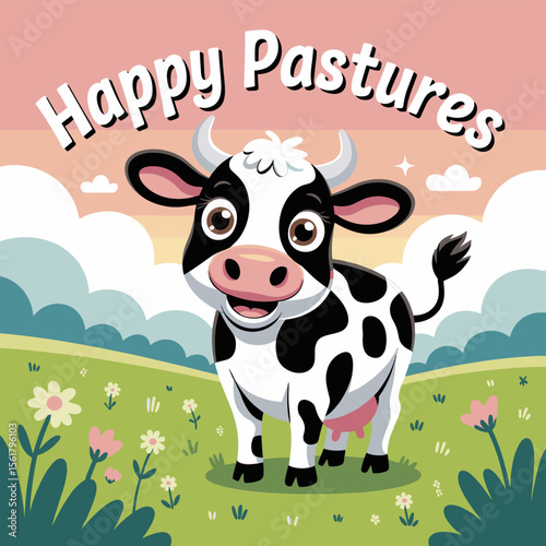 Cartoon cow in happy pastures illustration, cute farm animal in countryside scene