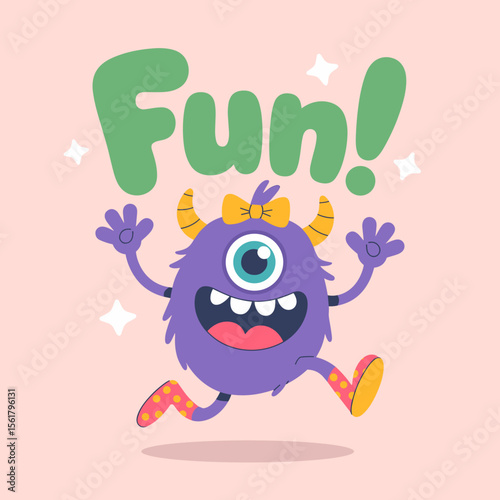 Fun cartoon monster character running, cute one-eyed creature with bow and colorful socks