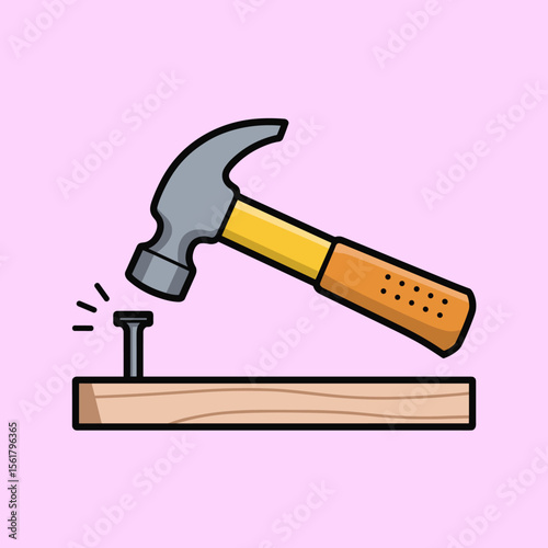 Hammer hitting nail into wood plank, carpentry, construction, woodworking, tools, DIY