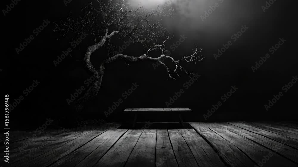 Mystical forest at night, with moonlight shining through the branches of darkened trees. A lonely wooden bench sits in a dilapidated clearing.