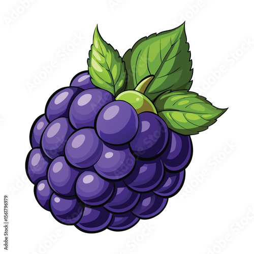Vibrant cartoon grapes with green leaves and stem