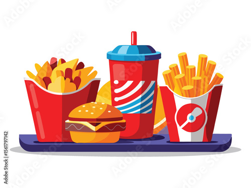 Delicious fast food meal with burger fries and drink on tray isolated on white background
