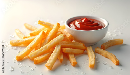 Crispy golden French fries in a bowl with a side of ketchup, arranged on a clean white table with soft daylight shadows.
