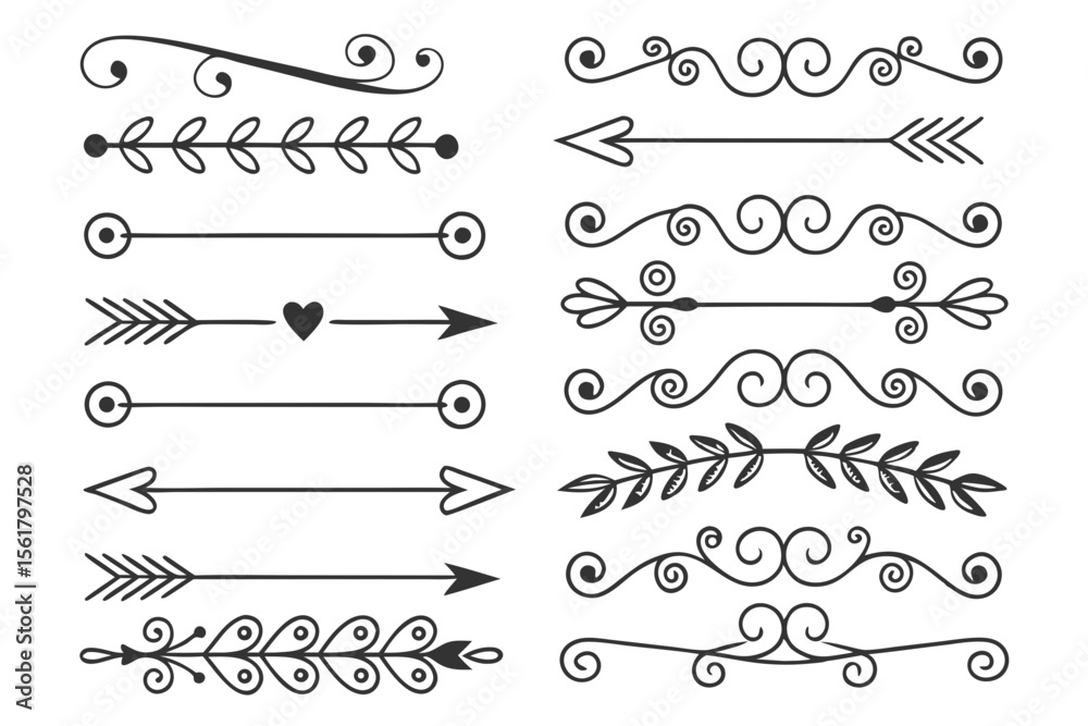 Fototapeta premium Elegant Swirl and Floral Arrow Dividers in Hand-Drawn Black Vector. Ornamental Borders for Wedding Invitations, Graphic Layouts, and Poster Designs.
