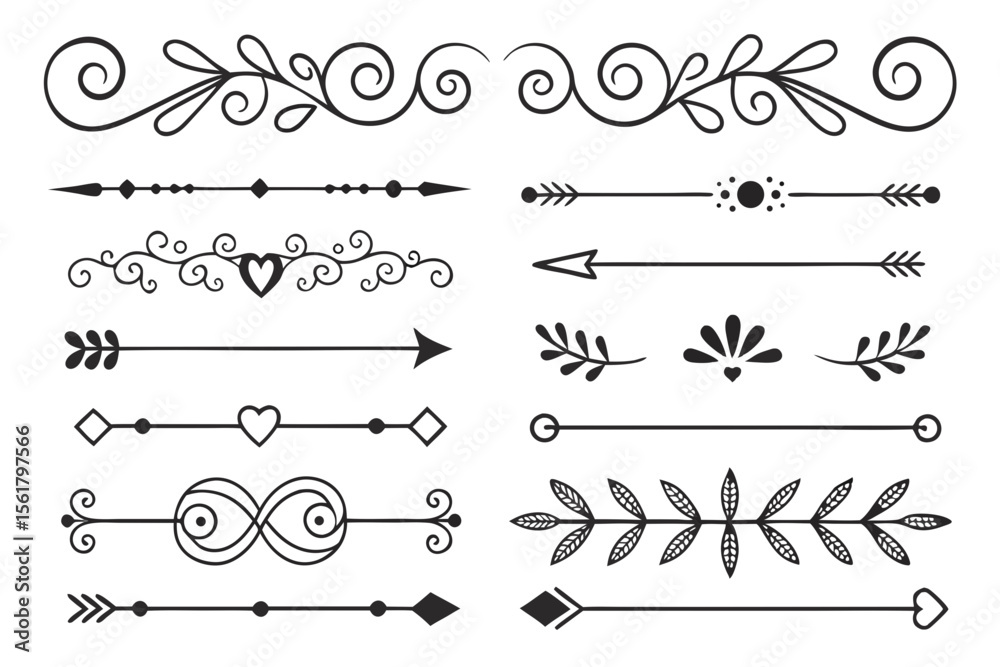 Obraz premium Decorative Divider Elements in Elegant Hand-Drawn Black Vector Featuring Arrows, Floral Motifs, and Swirled Lines for Layout and Invitation Projects.