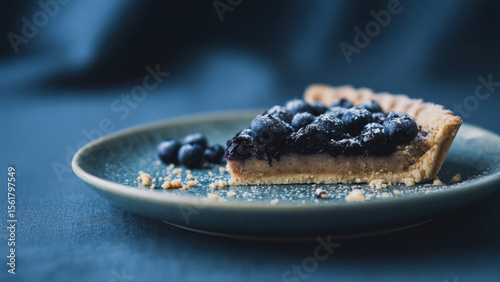 Slice of blueberry tart with fruit filling on ceramic plate over dark blue fabric background. Studio dessert photography. Sweet pastry and bakery product concept.