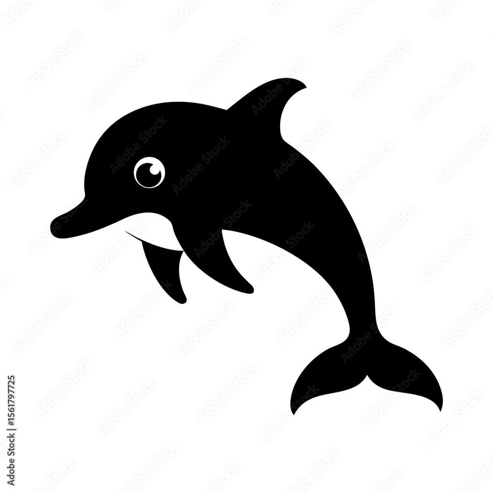 Obraz premium Cartoon dolphin full black silhouette cute marine animal vector illustration