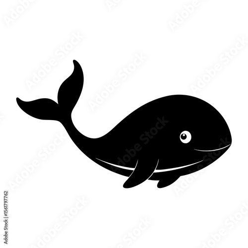 Cartoon whale full black silhouette smiling ocean animal vector illustration