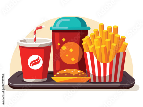 Fast food meal with french fries burger and drinks on a tray isolated on white background

