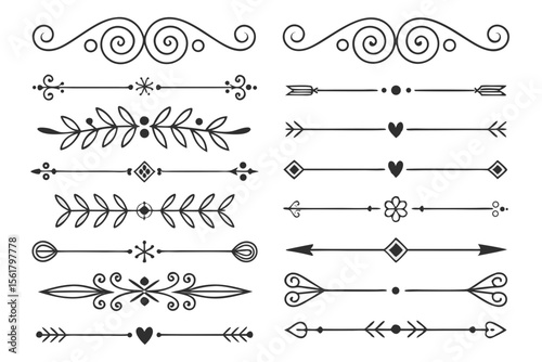 Vintage Arrow and Floral Swirl Dividers in Elegant Hand-Drawn Black Vector. Ornamental Line Art for Invitations, Layouts, and Poster Templates.

